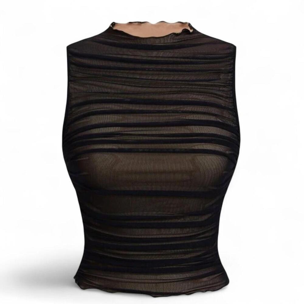 Black Sheer Mesh Ruched Tank Top Y2K Grunge Coquette Sleeveless Stretch Top